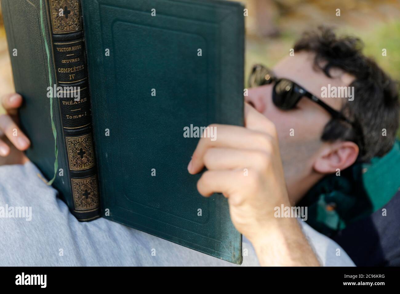 Young man reading a classic Eure, France. Stock Photo
