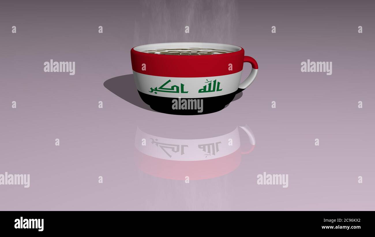 iraq placed on a cup of hot coffee in a 3D illustration with realistic perspective and shadows mirrored on the floor Stock Photo
