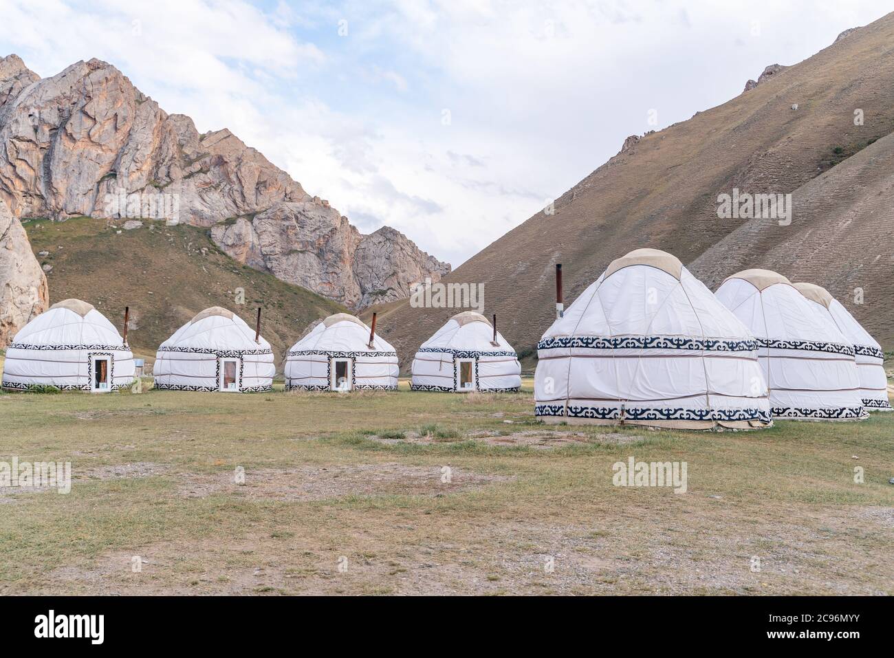 The view of yurts nomad village in Tash-Rabat in Kyrgyzstan Stock Photo
