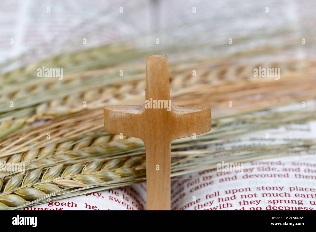 Christian cross,  Bible and ears of wheat as a symbol of spiritual and physical food.  France. Stock Photo