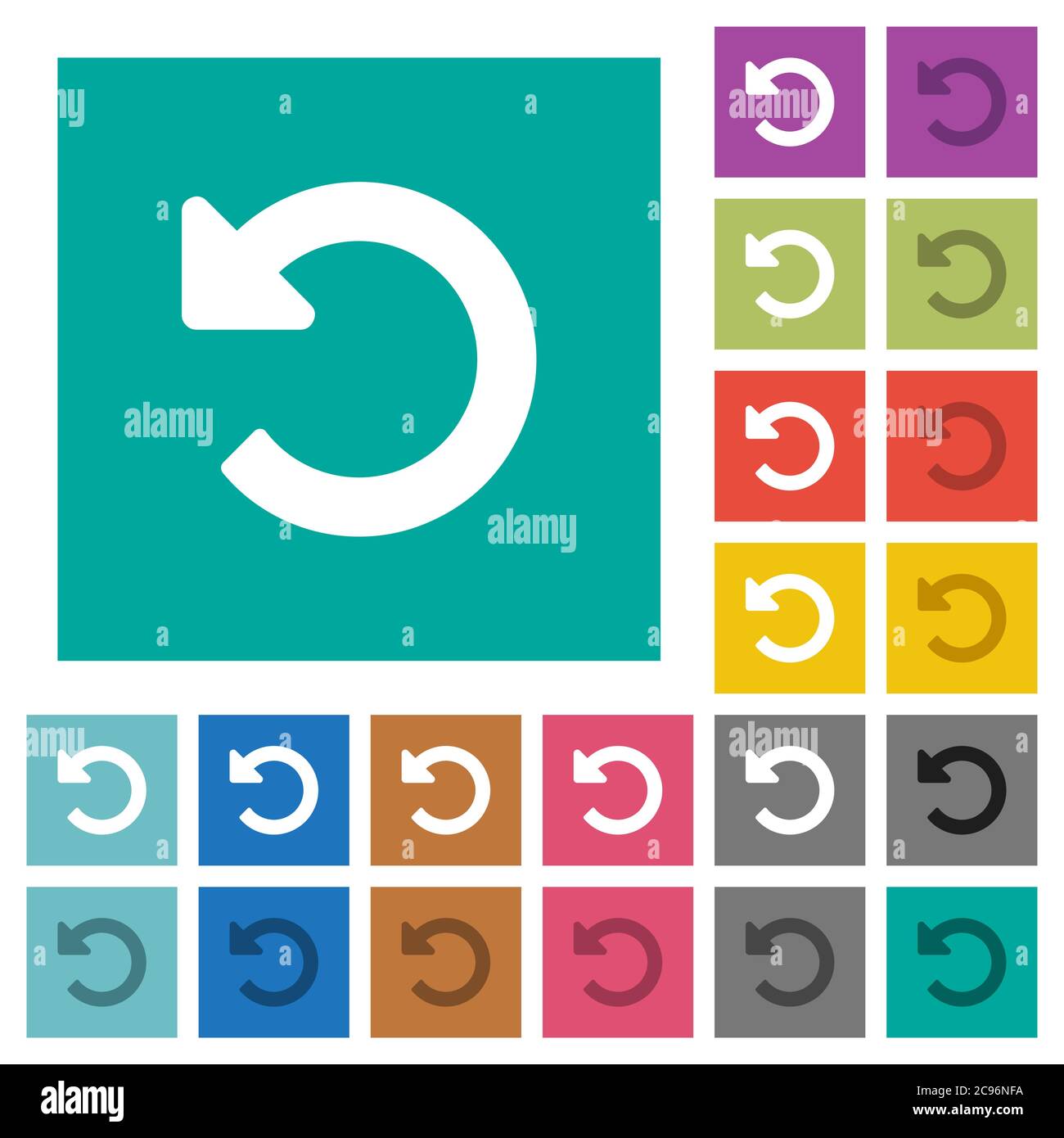 Undo changes multi colored flat icons on plain square backgrounds. Included white and darker icon variations for hover or active effects. Stock Vector