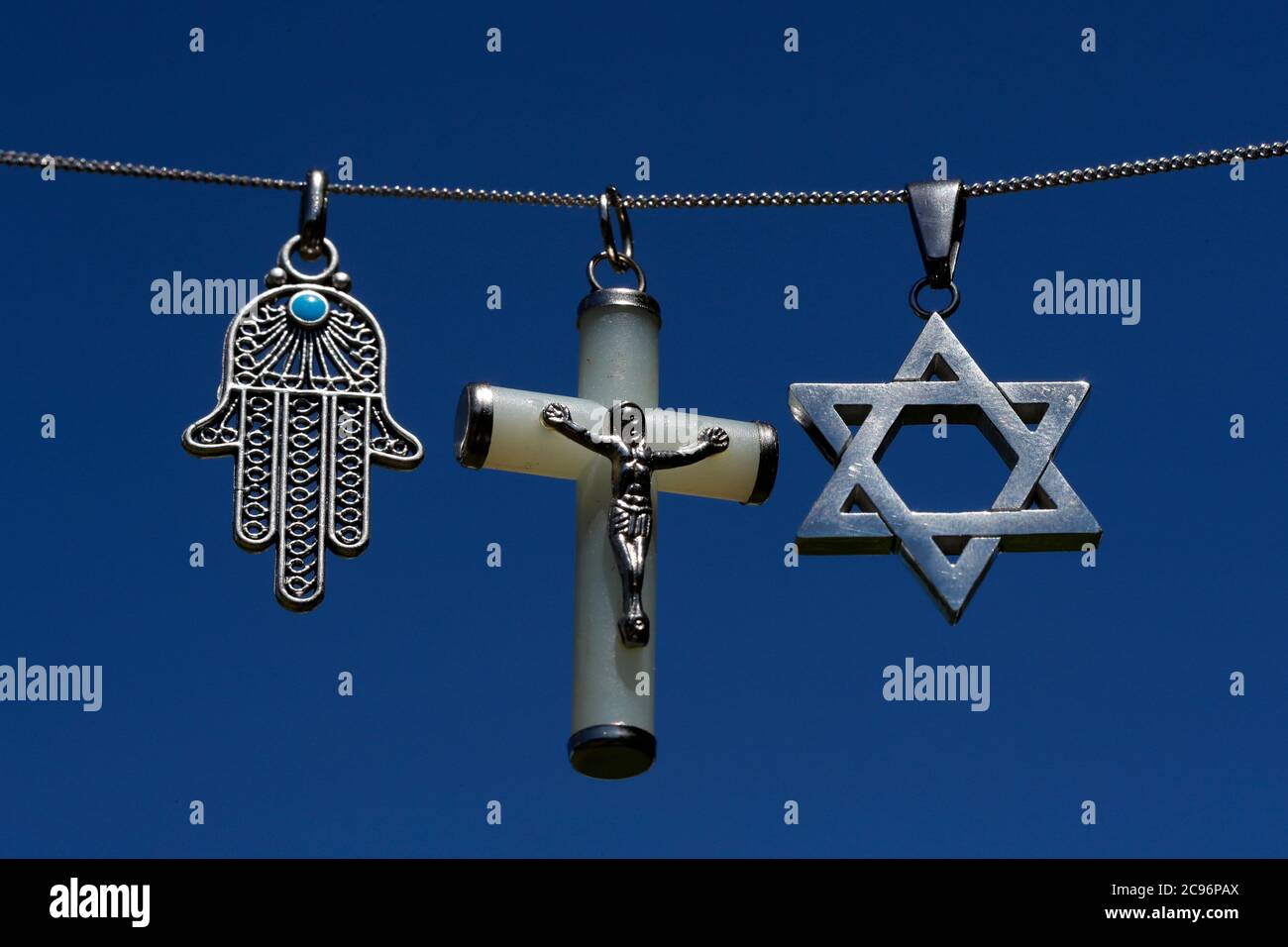 Religious symbols.  Christianity, Islam, Judaism 3 monotheistic religions. Interfaith dialogue.  France. Stock Photo