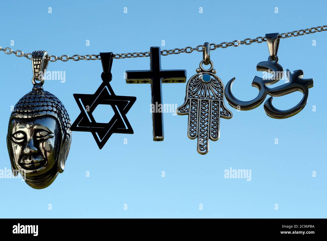 Religious symbols.  Christianity, Islam, Judaism, Buddhism and Hinduism. Interfaith dialogue.  France. Stock Photo