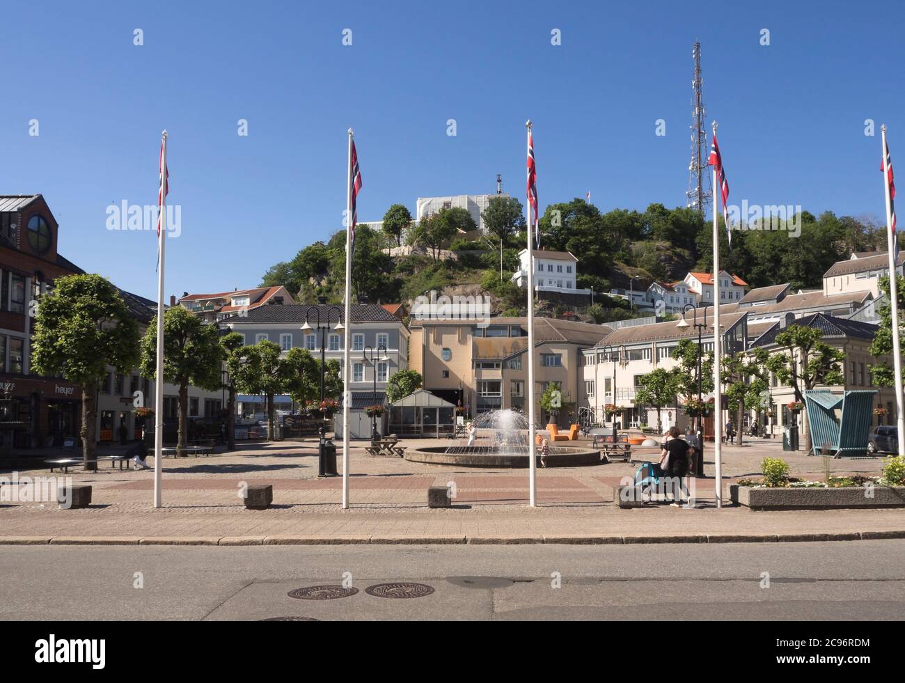 Market square Torget in the town of Arendal on the south cost of Norway, a sunny summer morning Stock Photo