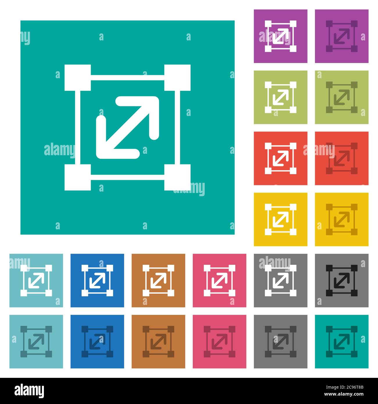 Resize element multi colored flat icons on plain square backgrounds. Included white and darker icon variations for hover or active effects. Stock Vector