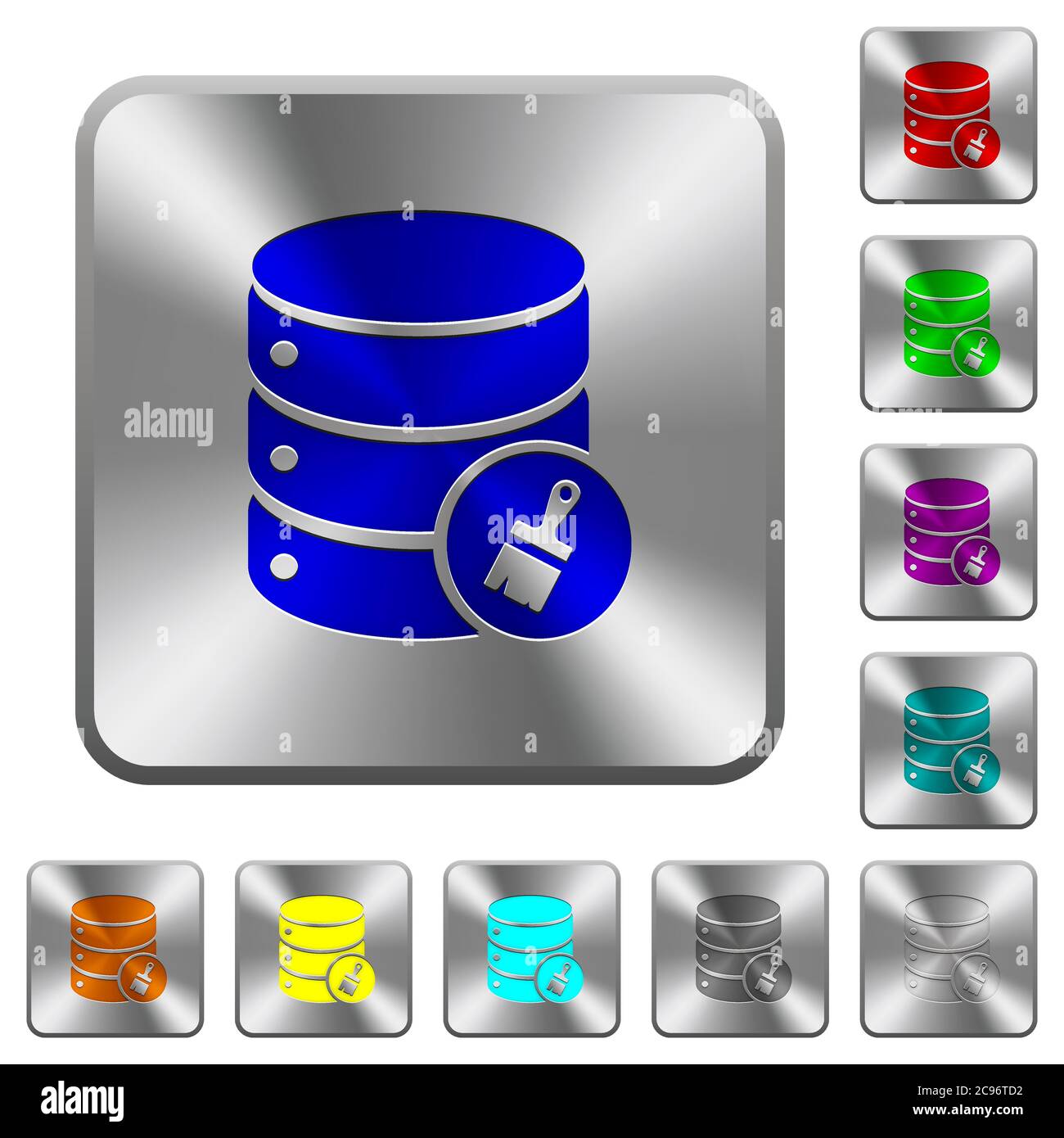 Database paste data engraved icons on rounded square glossy steel buttons Stock Vector
