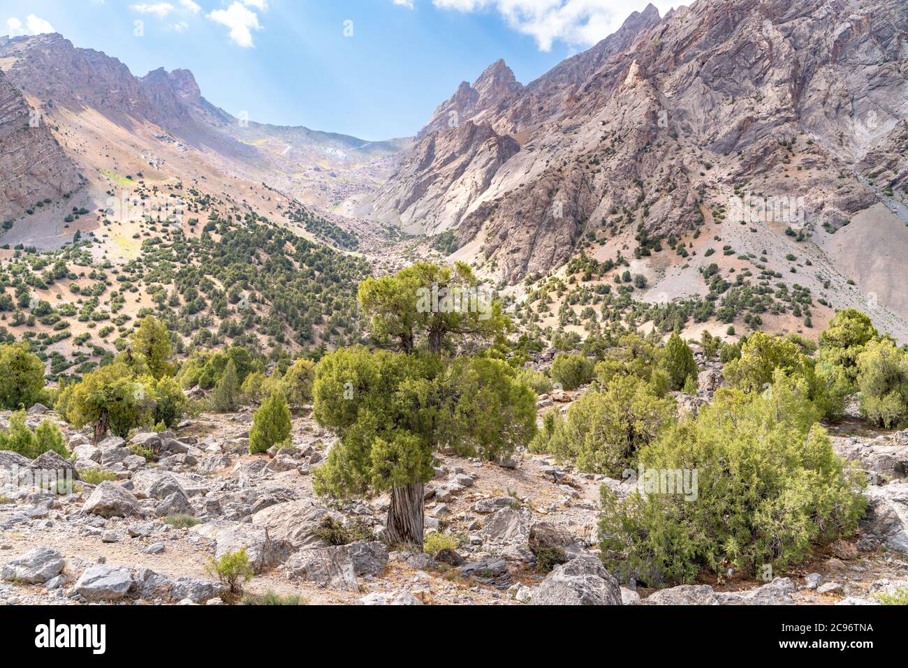 The beautiful mountain trekking road with clear blue sky and rocky hills and fresh mountain stream in Fann mountains in Tajikistan Stock Photo