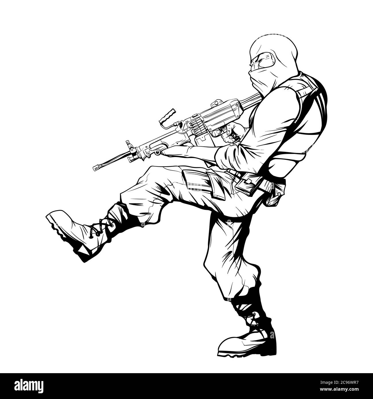 Contour drawing of soldier SWAT with a machine gun Stock Vector