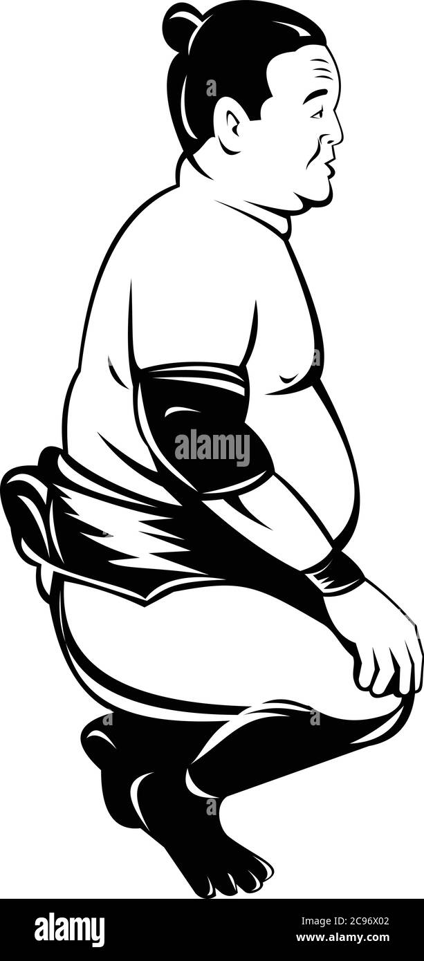 Retro style illustration of sumo wrestler or rikishi, a form of competitive full-contact wrestling, squatting  viewed from side on isolated background Stock Vector