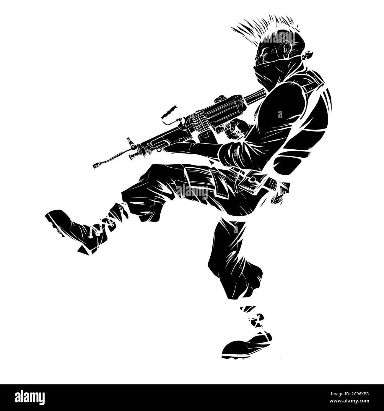 Vector drawing of a criminal in a mask that is running with a machine gun Stock Vector