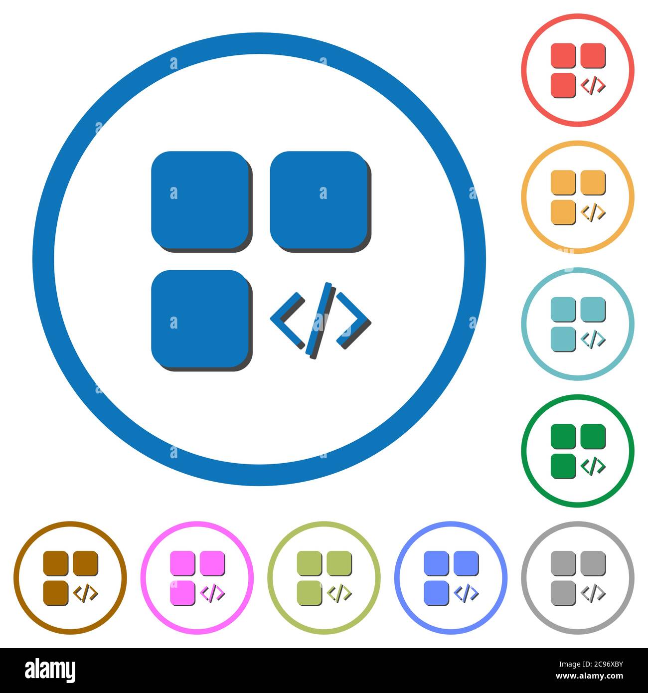 Component programming flat color vector icons with shadows in round outlines on white background Stock Vector
