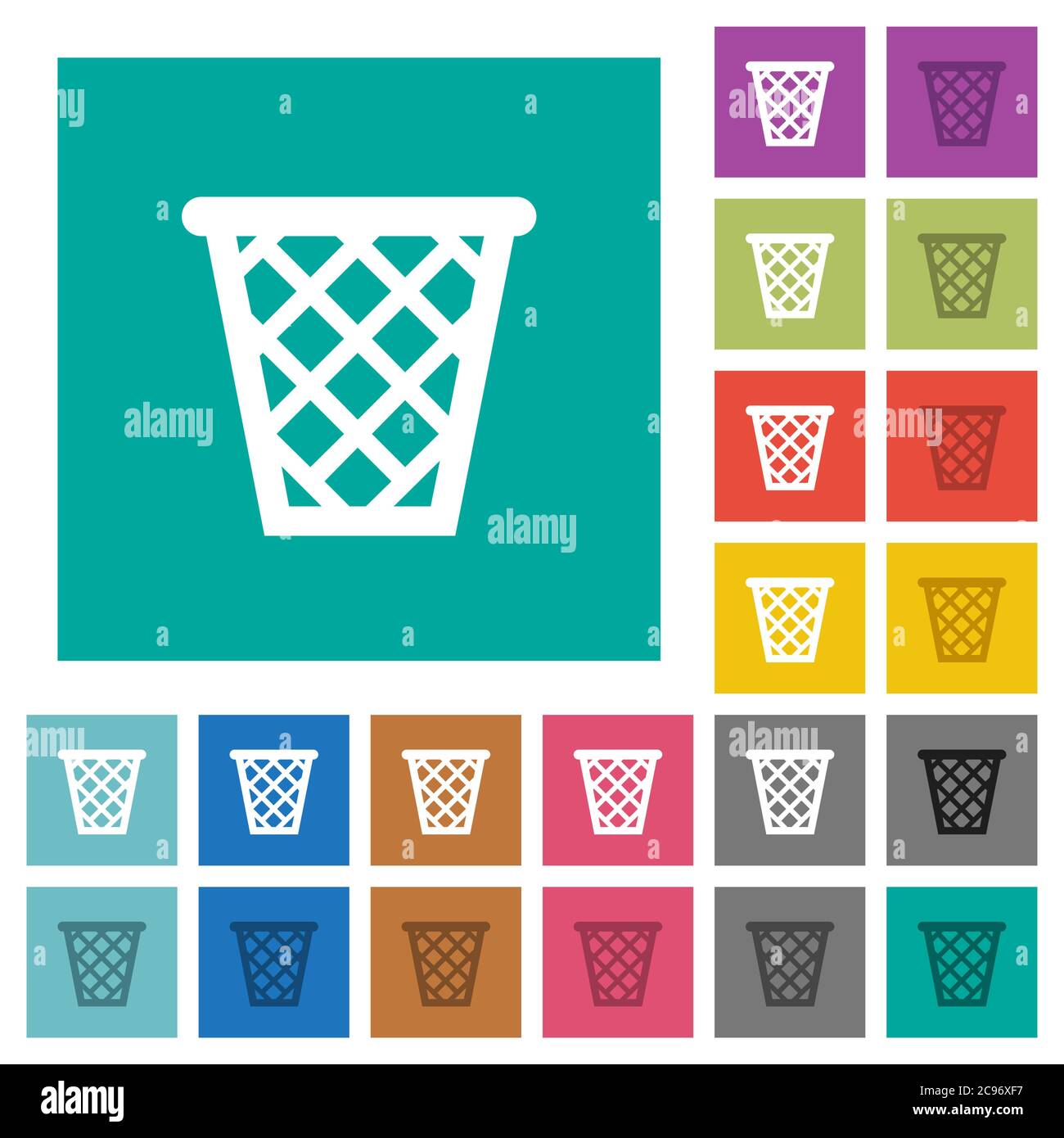 Trash multi colored flat icons on plain square backgrounds. Included white and darker icon variations for hover or active effects. Stock Vector
