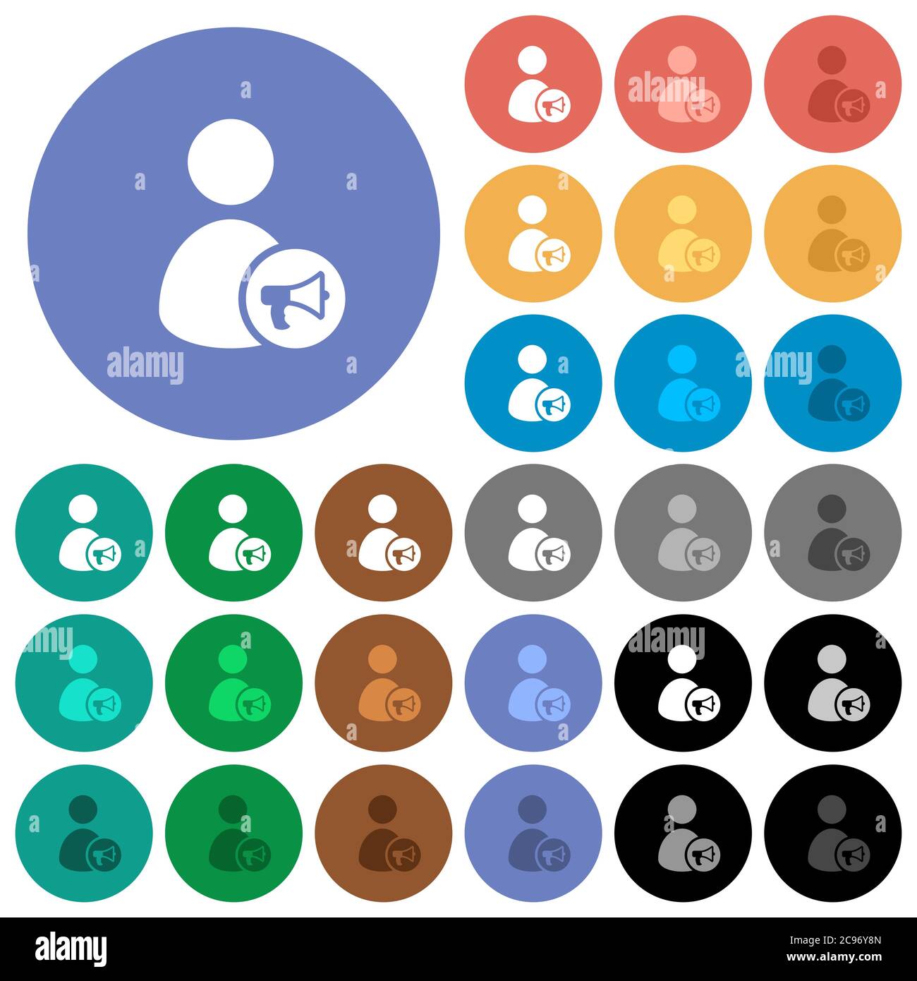 User notification multi colored flat icons on round backgrounds. Included white, light and dark icon variations for hover and active status effects, a Stock Vector