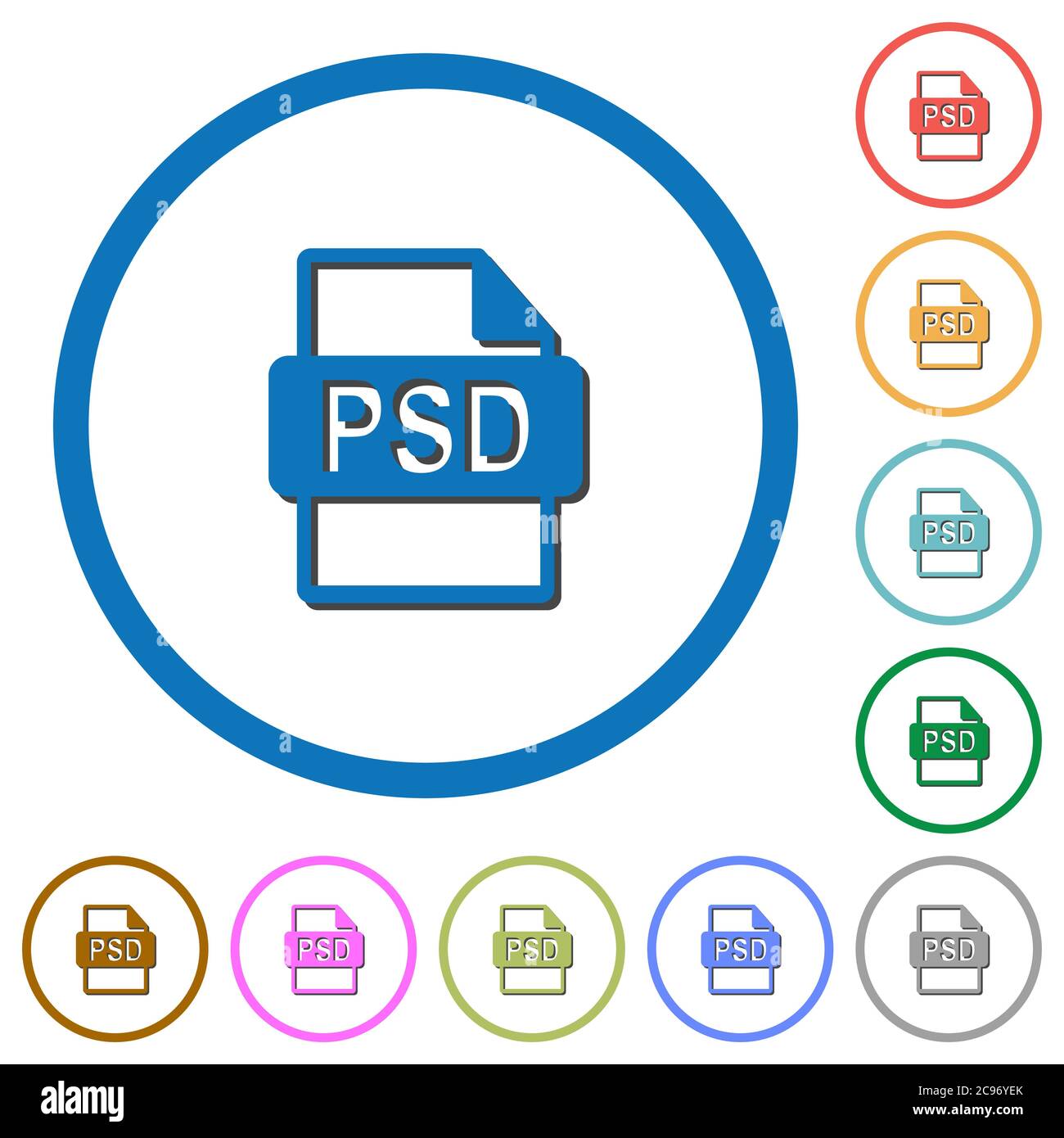 PSD file format flat color vector icons with shadows in round outlines ...