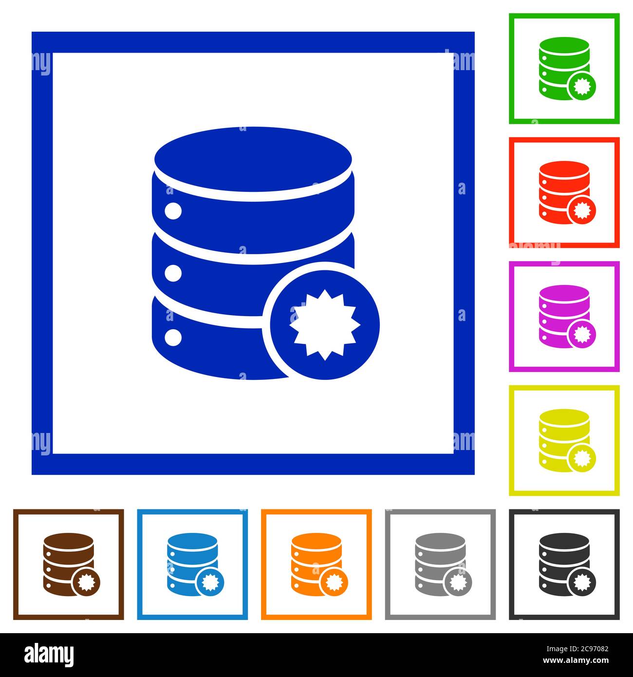 Certified database flat color icons in square frames on white background Stock Vector