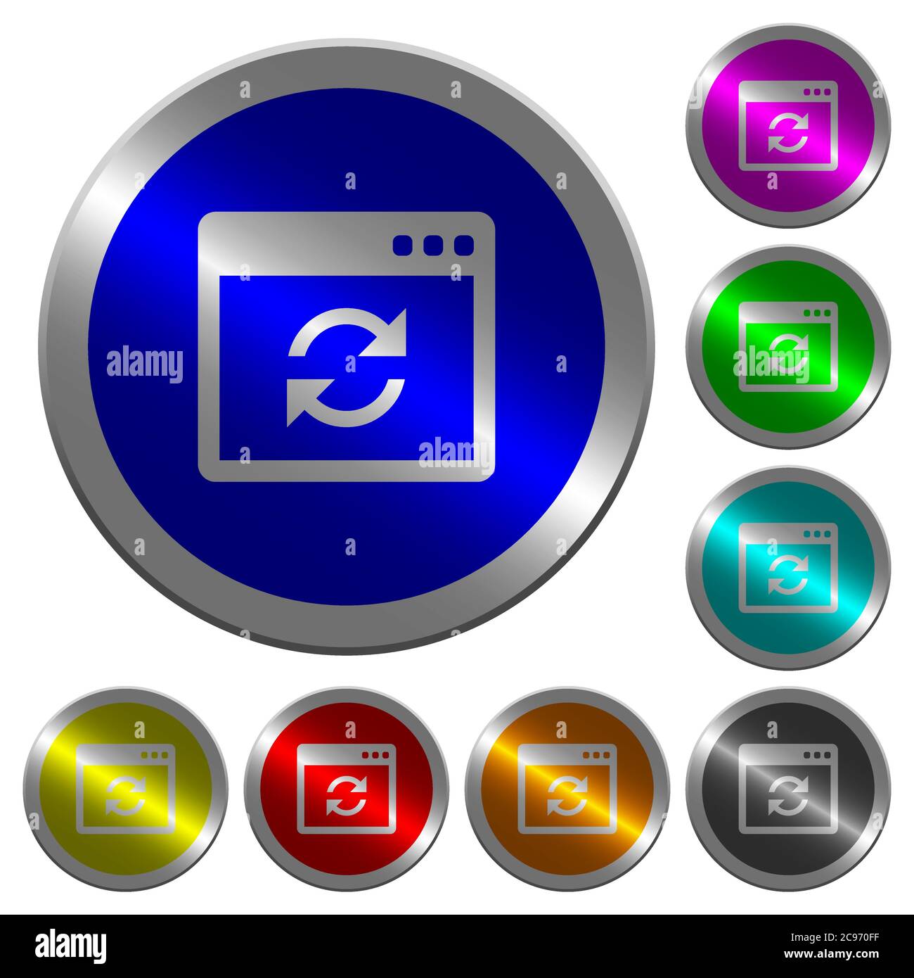 Application syncronize icons on round luminous coin-like color steel ...