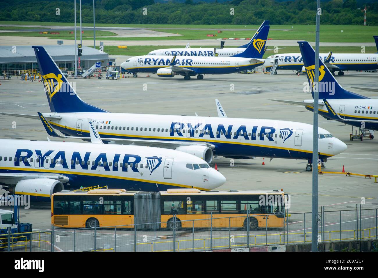 Ryanair planes at Stansted airport this morning after the company announced losses, Monday 27th July 2020. Stock Photo