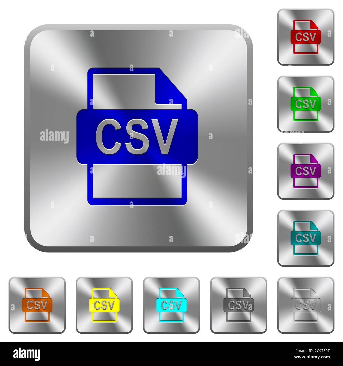 CSV file format engraved icons on rounded square glossy steel buttons Stock Vector