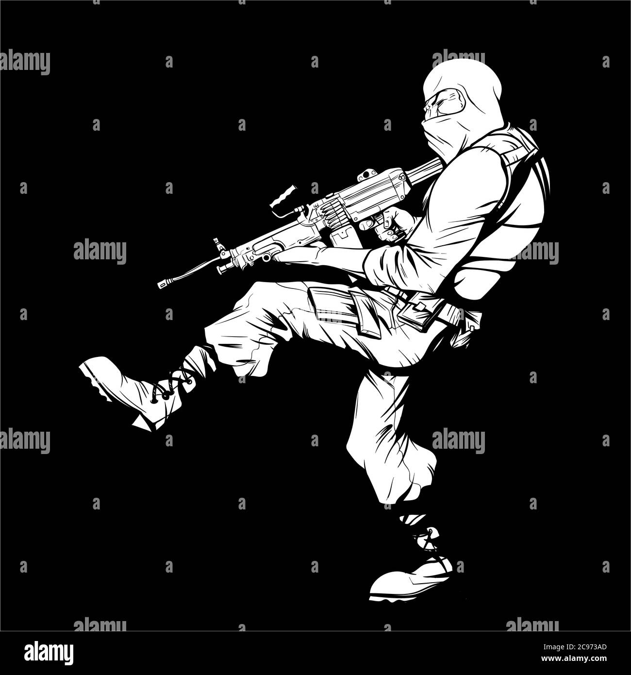 White contour drawing of a man with a machine gun on a black background Stock Vector