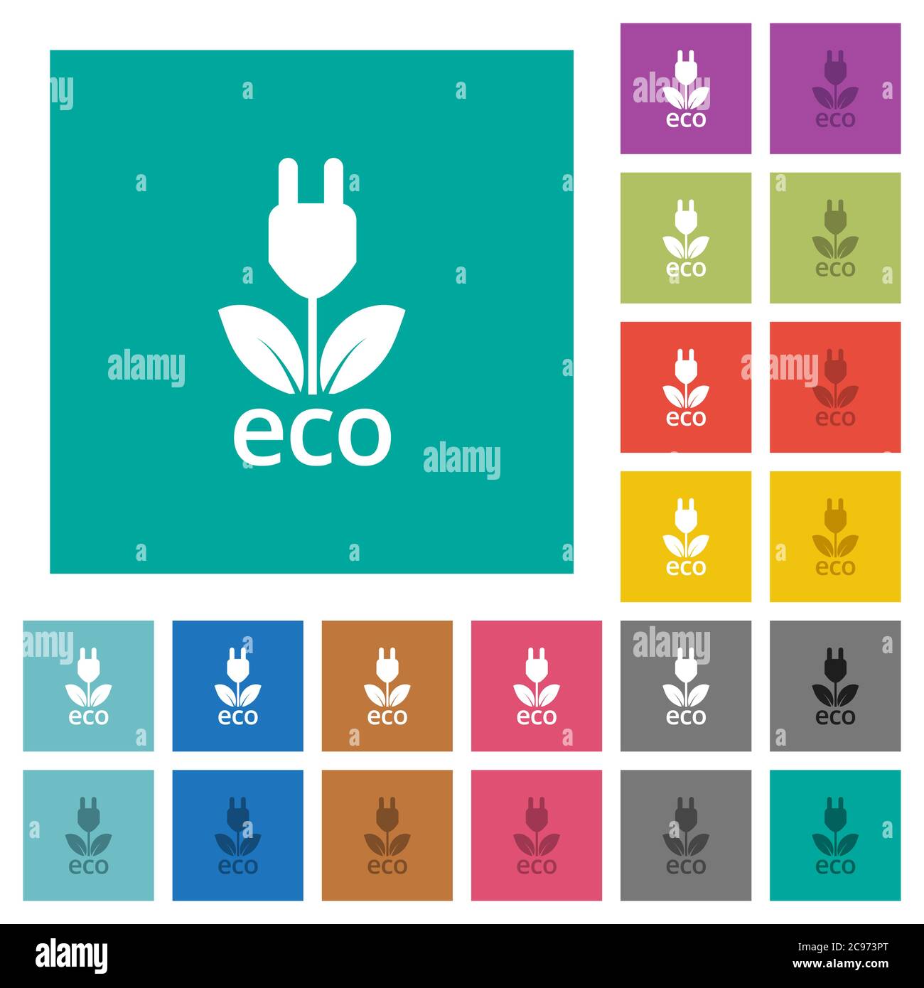 Eco energy multi colored flat icons on plain square backgrounds. Included white and darker icon variations for hover or active effects. Stock Vector