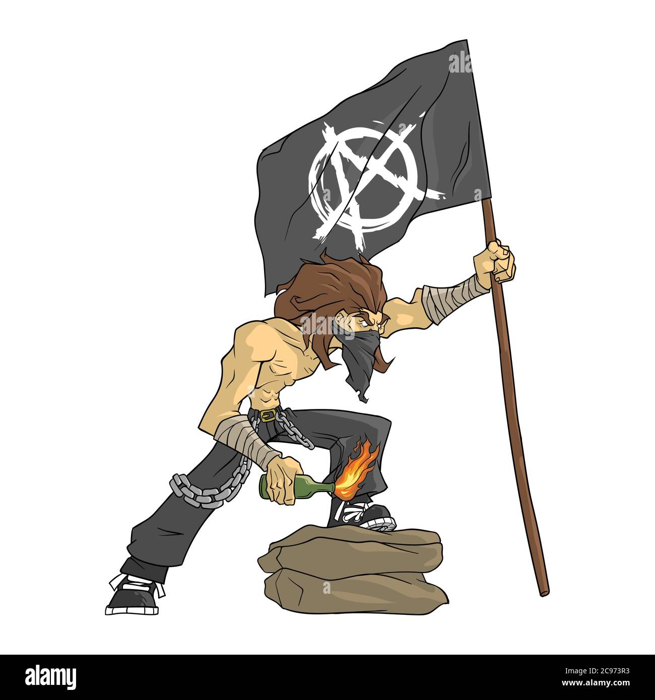 Brutal punk with the flag of anarchy, holds a Molotov cocktail Stock Vector