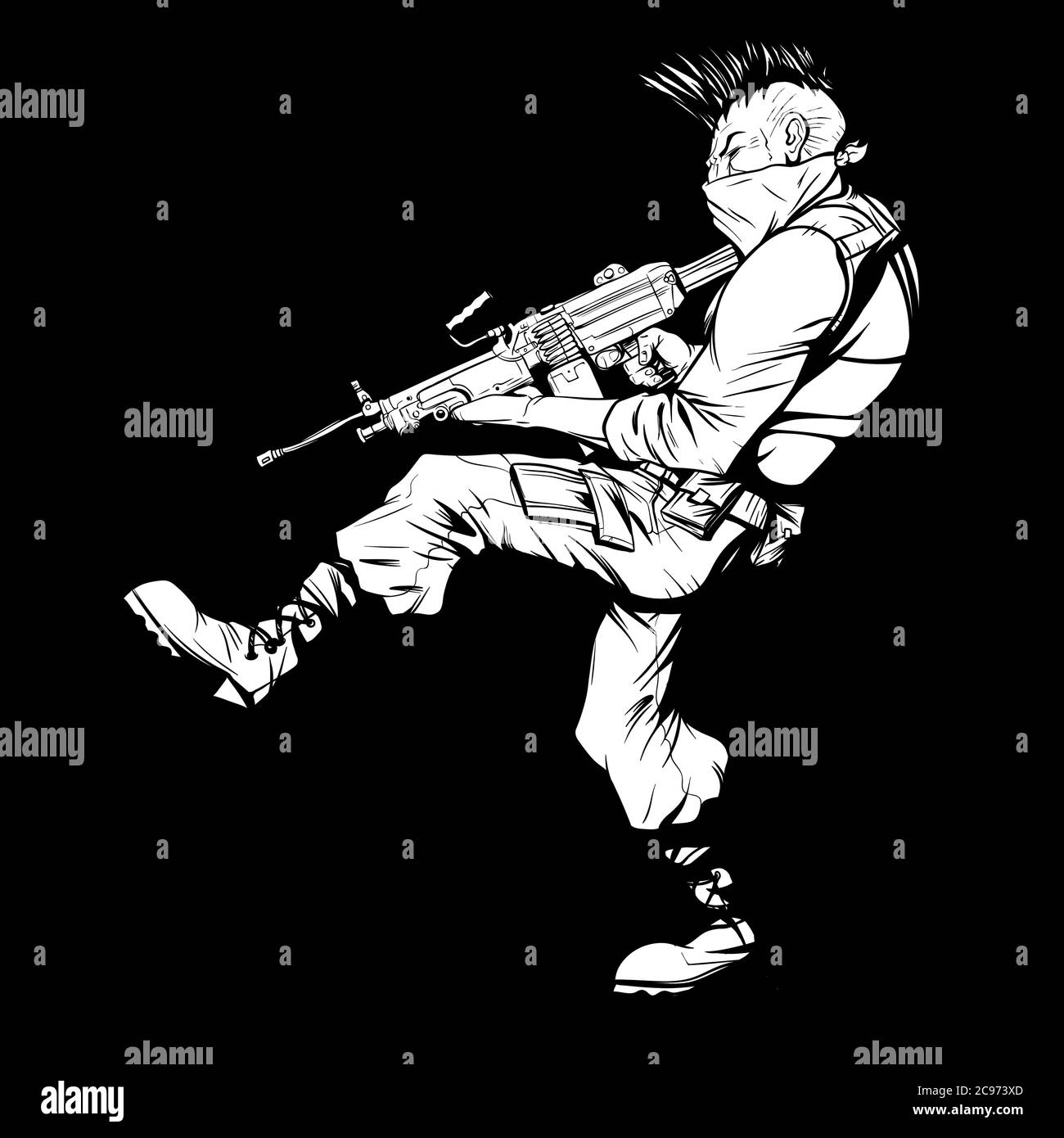 Black and white drawing of a terrorist with a machine gun Stock Vector