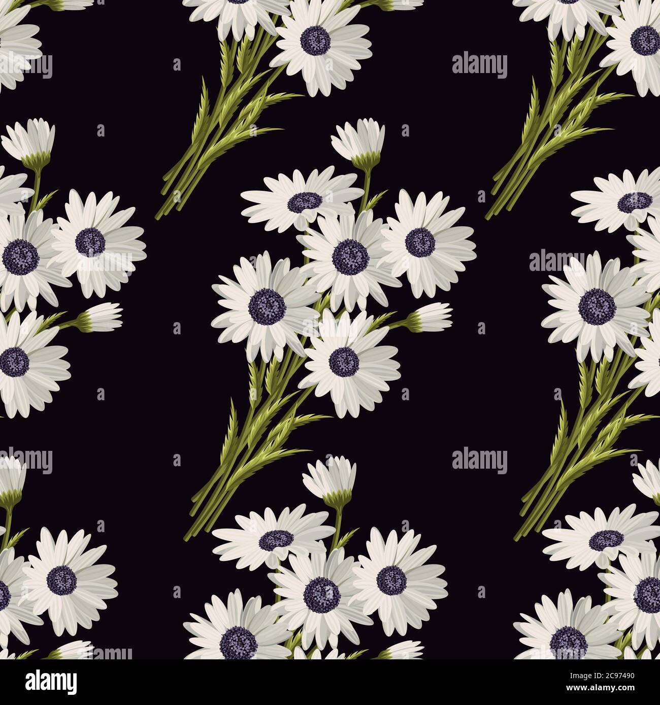 Seamless pattern with white daisies on black background. Vector ...