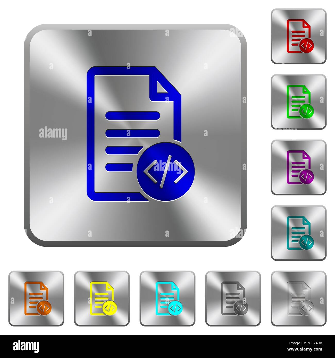 Source code document engraved icons on rounded square glossy steel ...