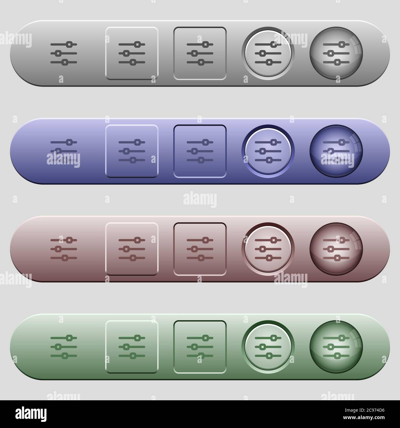 Horizontal adjustment icons on rounded horizontal menu bars in different colors and button styles Stock Vector
