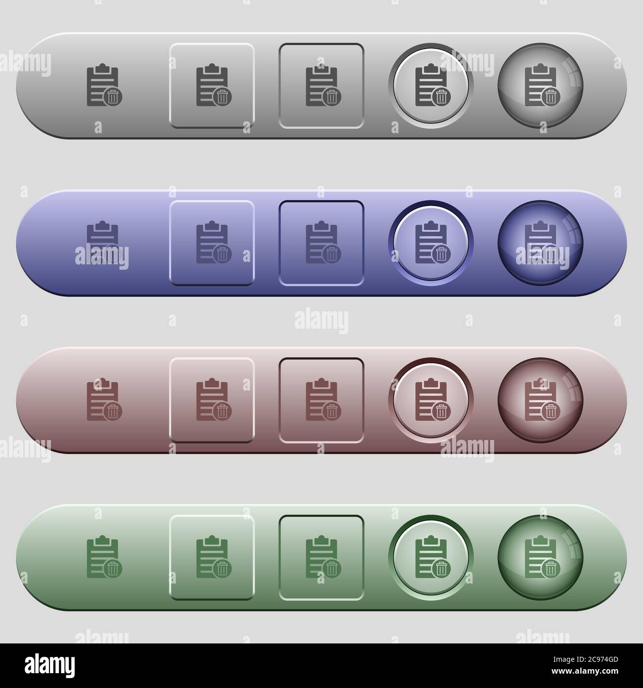 Delete note icons on rounded horizontal menu bars in different colors and button styles Stock Vector