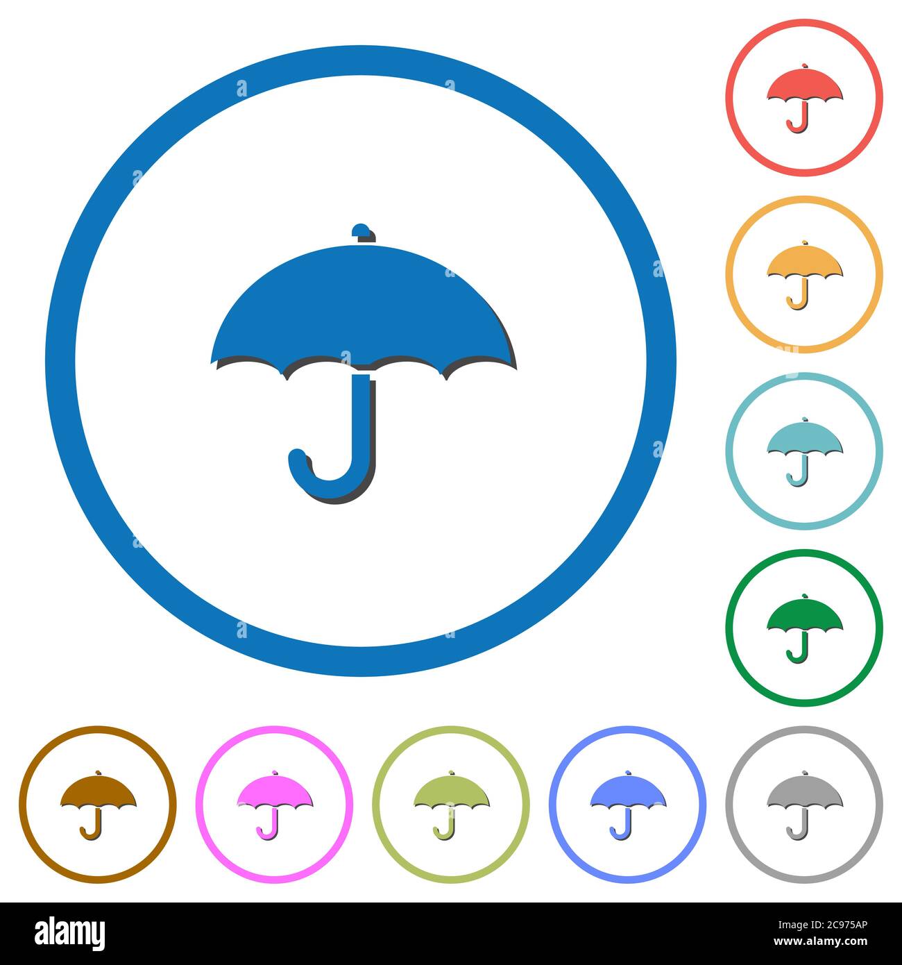 Umbrella flat color vector icons with shadows in round outlines on ...