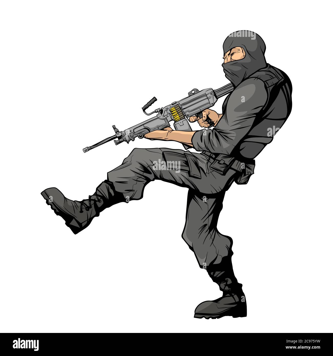 A military man in a mask runs with a machine gun on a white background Stock Vector
