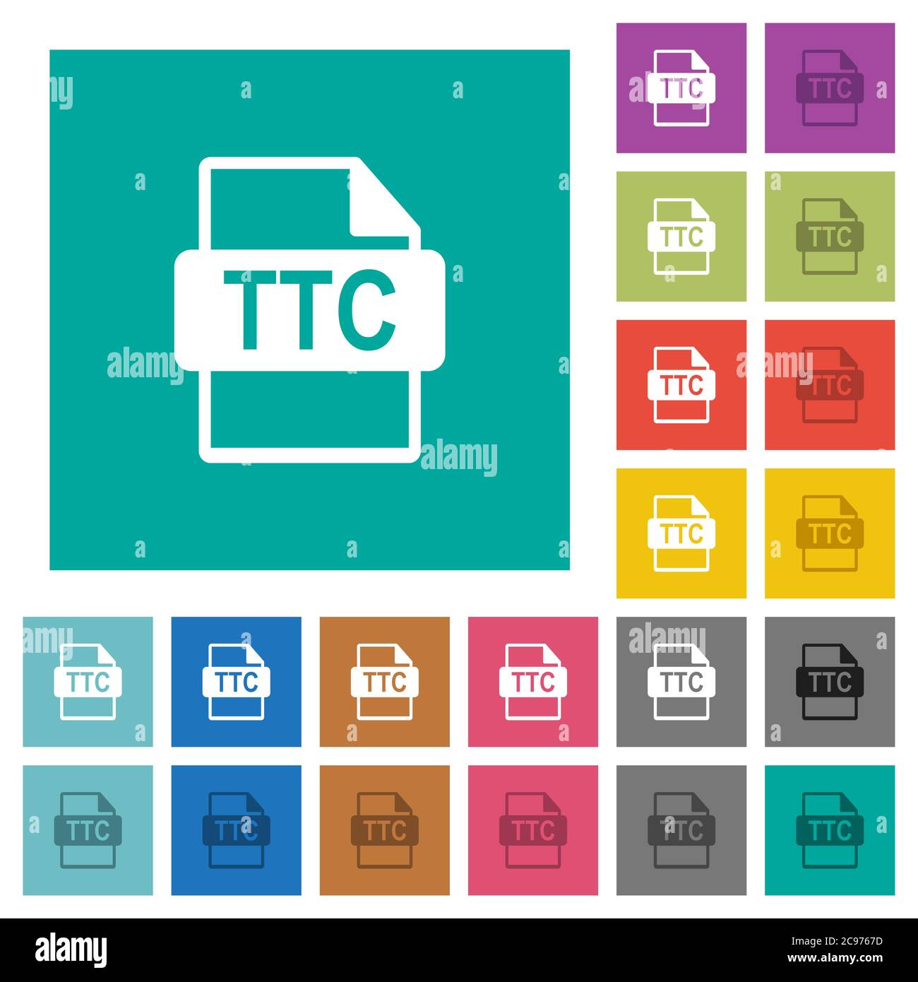 TTC file format multi colored flat icons on plain square backgrounds. Included white and darker icon variations for hover or active effects. Stock Vector