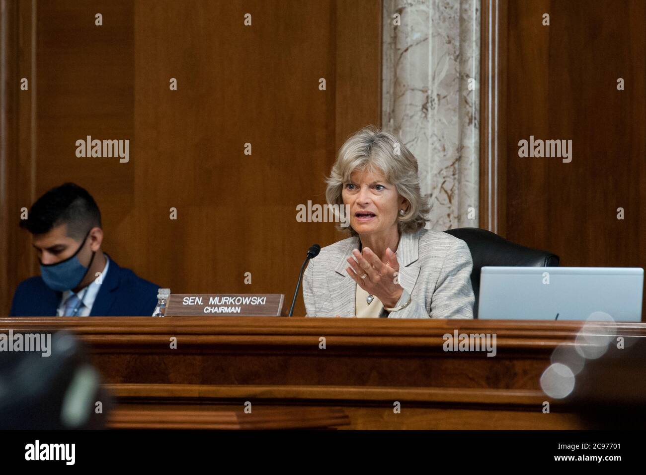 Senate Committee on Energy and Natural Resources Chairman Sen. Lisa Murkowski, R-AK, asks questions of the panel during a hearing to examine the development and deployment of large-scale carbon dioxide management technologies in the United States, including technological and natural carbon removal, carbon utilization, and carbon storage, in the Dirksen Senate Office Building on Capitol Hill in Washington, DC., Tuesday, July 28, 2020. Credit: Rod Lamkey / CNP /MediaPunch Stock Photo