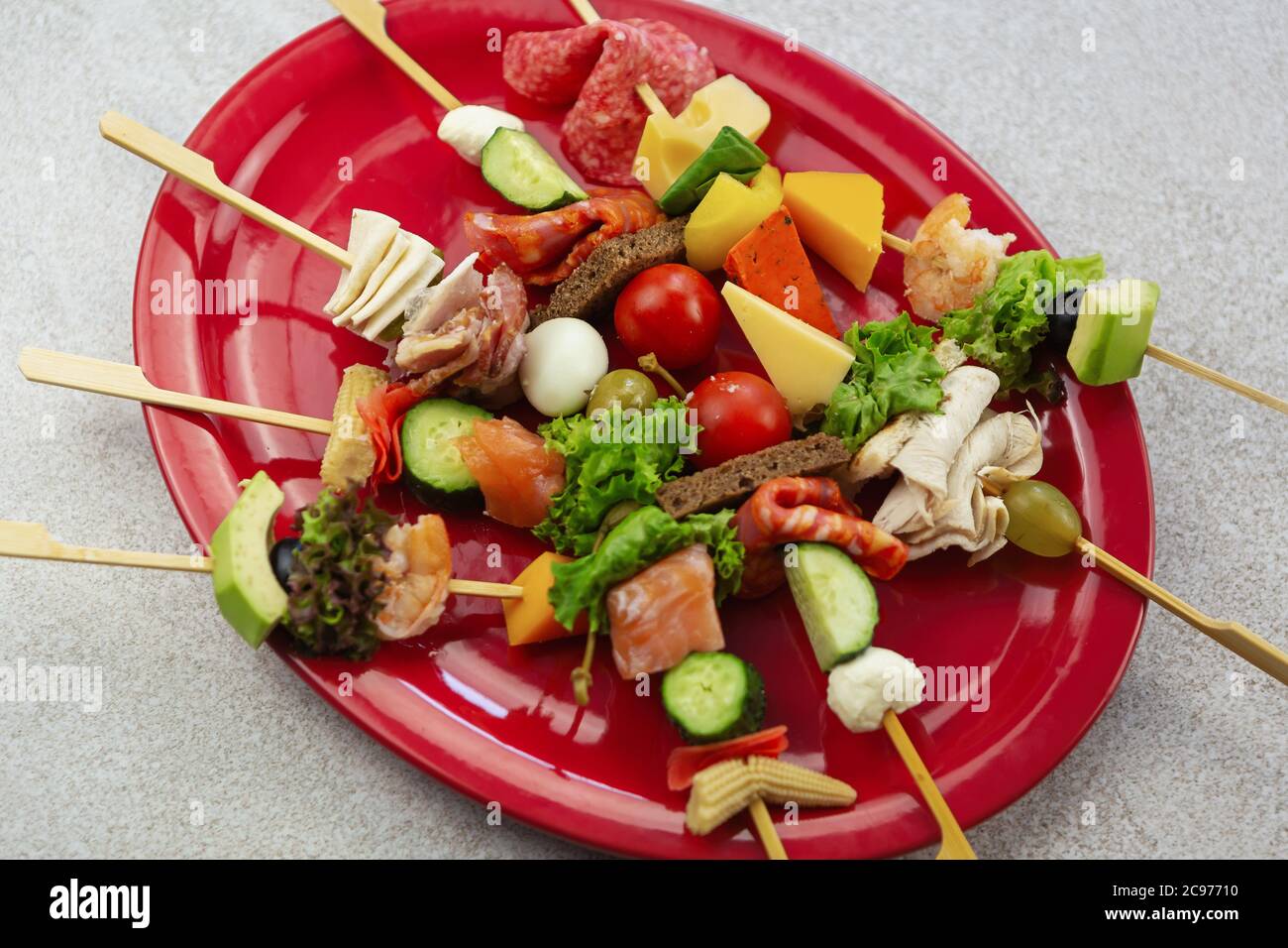 Tapas snacks on sticks for wine party.Delicious snack food for lunch