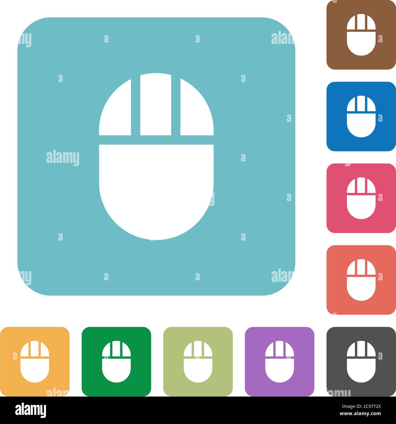 Three buttoned computer mouse white flat icons on color rounded square backgrounds Stock Vector
