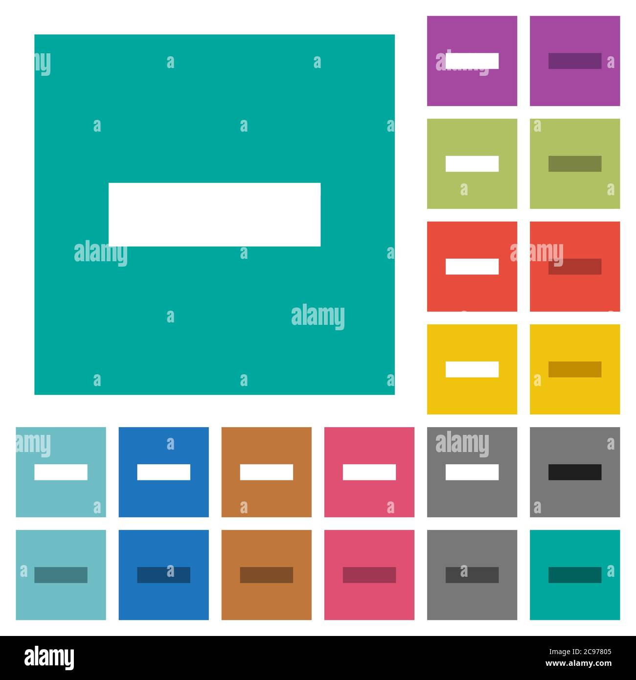 Remove item multi colored flat icons on plain square backgrounds. Included white and darker icon variations for hover or active effects. Stock Vector