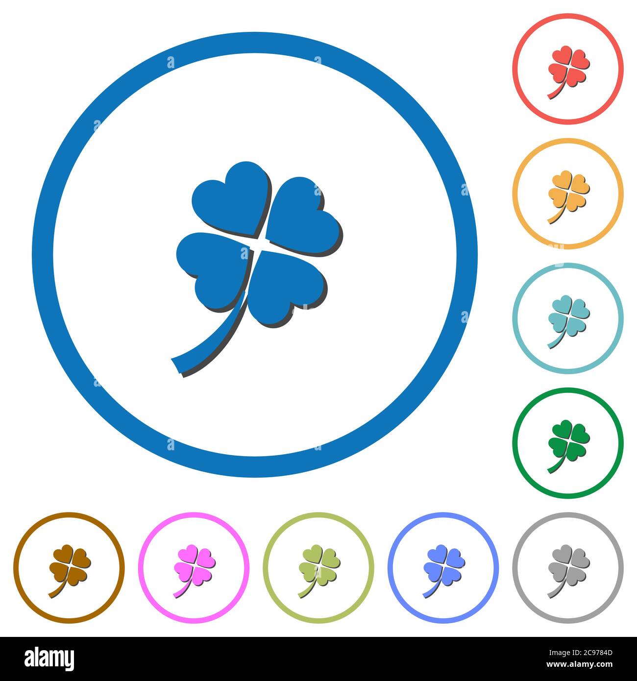 Four leaf clover flat color vector icons with shadows in round outlines ...