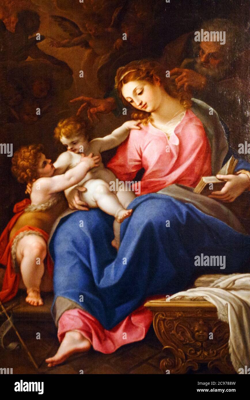 Italy, Marche, Jesi, Palazzo Pianetti, municipal art gallery - Holy family with San Giovannino by Cristoforo Roncalli known as Pomarancio Stock Photo