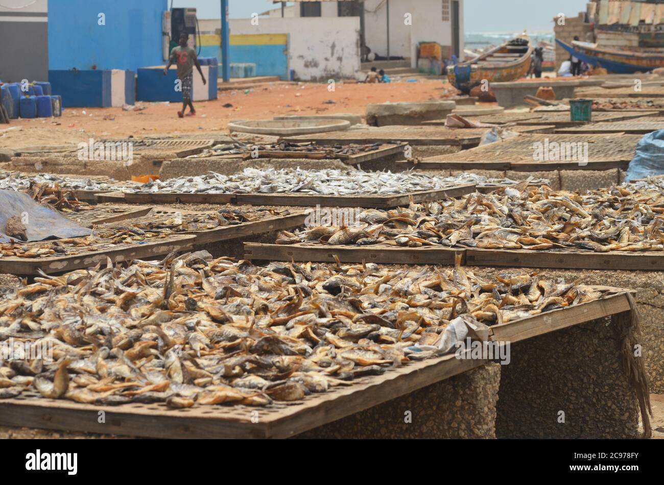 Artisanal fish processing site in Cayar, Senegal Stock Photo