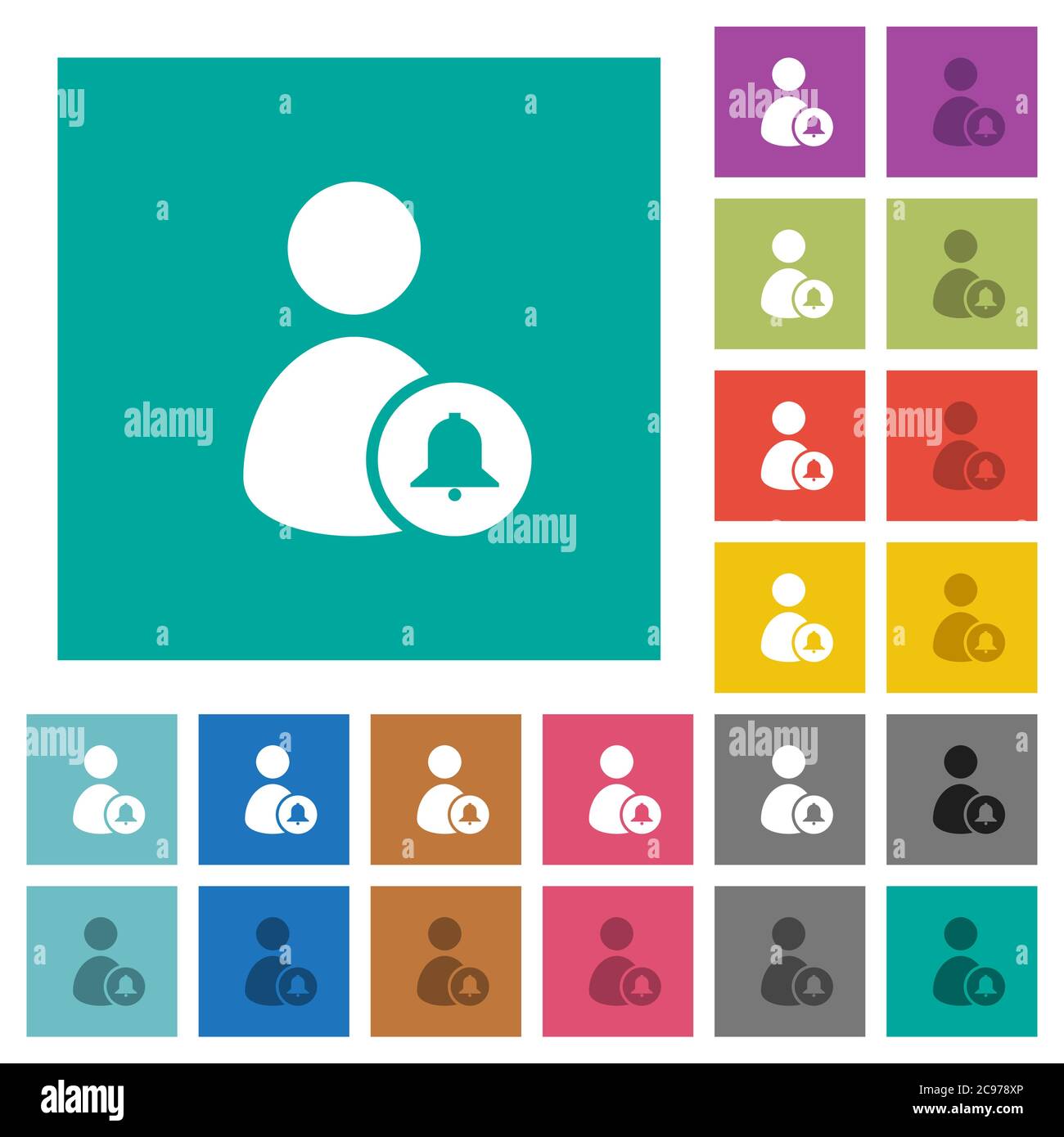 Notify user multi colored flat icons on plain square backgrounds. Included white and darker icon variations for hover or active effects. Stock Vector