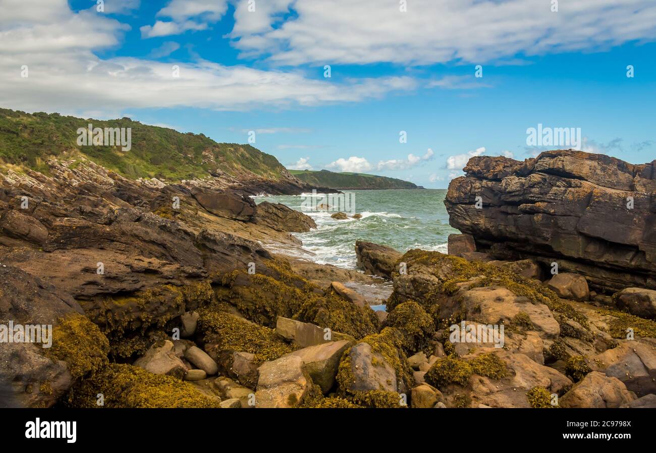 A view rocky coastline at low tide with seaweed on the rocks, at Abbey Burnfoot, Kirkcudbright, southern Scotland Stock Photo