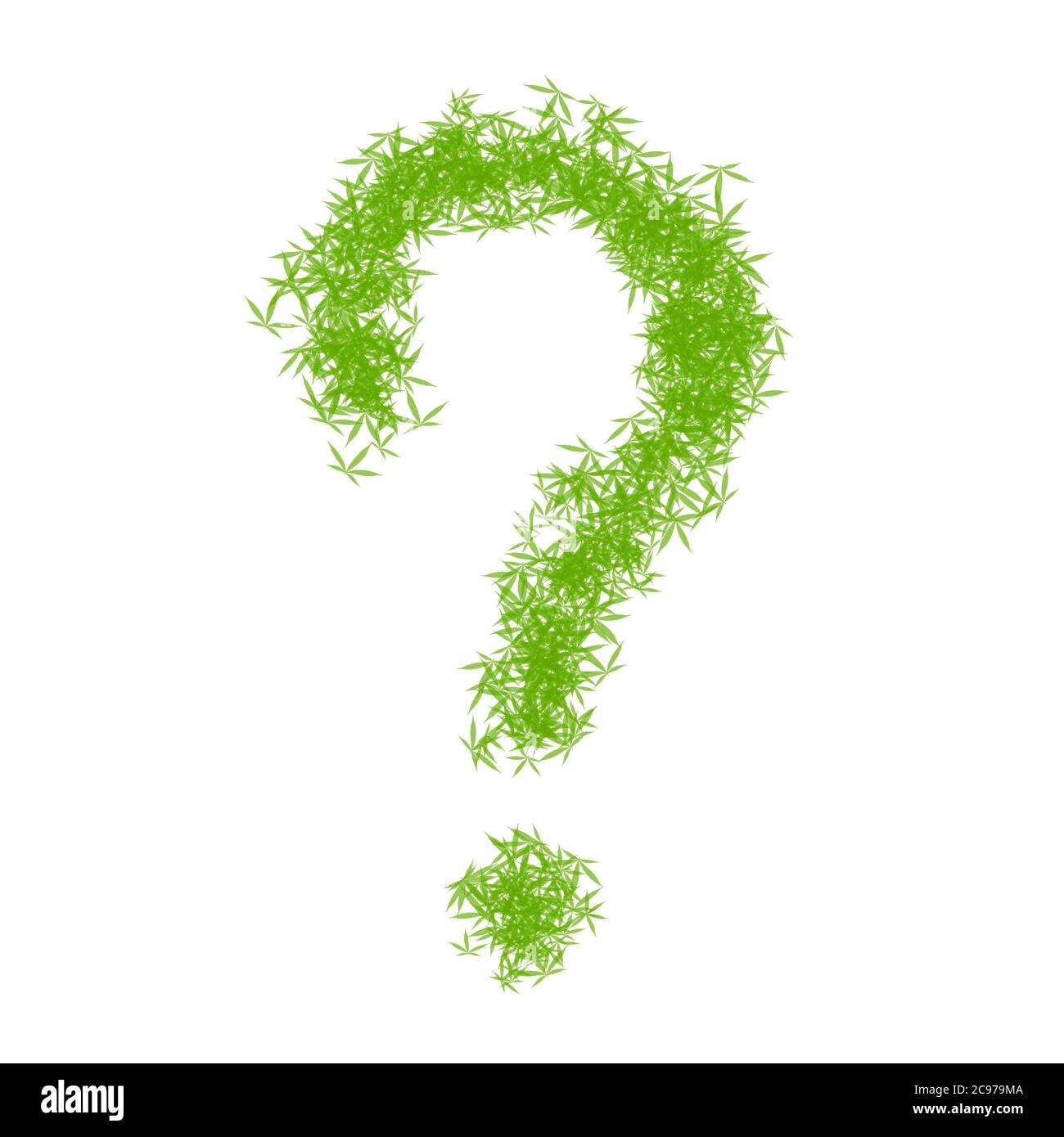 Question mark made from green cannabis leaves on a white background. Drug marijuana herb leaves shapes forming a question sign. Legalization of Stock Photo
