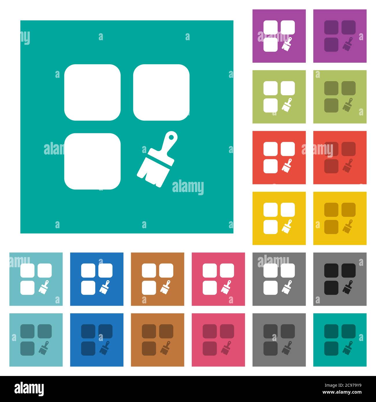 Component paste multi colored flat icons on plain square backgrounds. Included white and darker icon variations for hover or active effects. Stock Vector