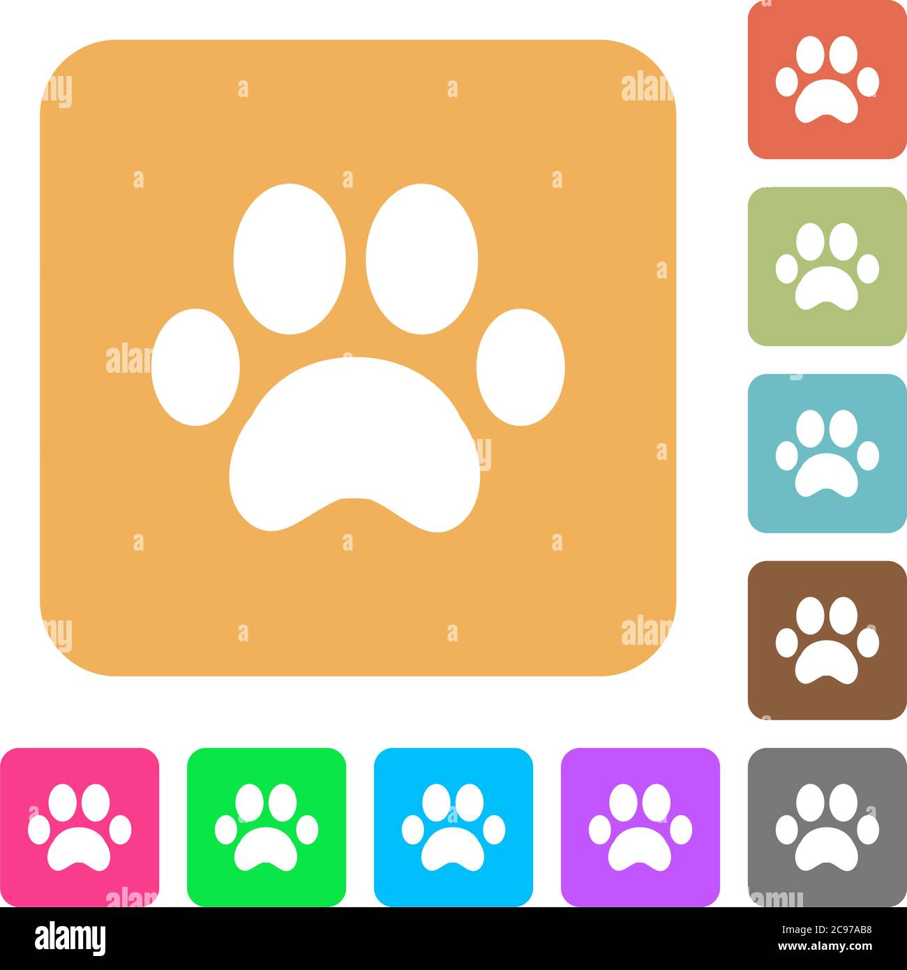 Paw prints flat icons on rounded square vivid color backgrounds Stock ...