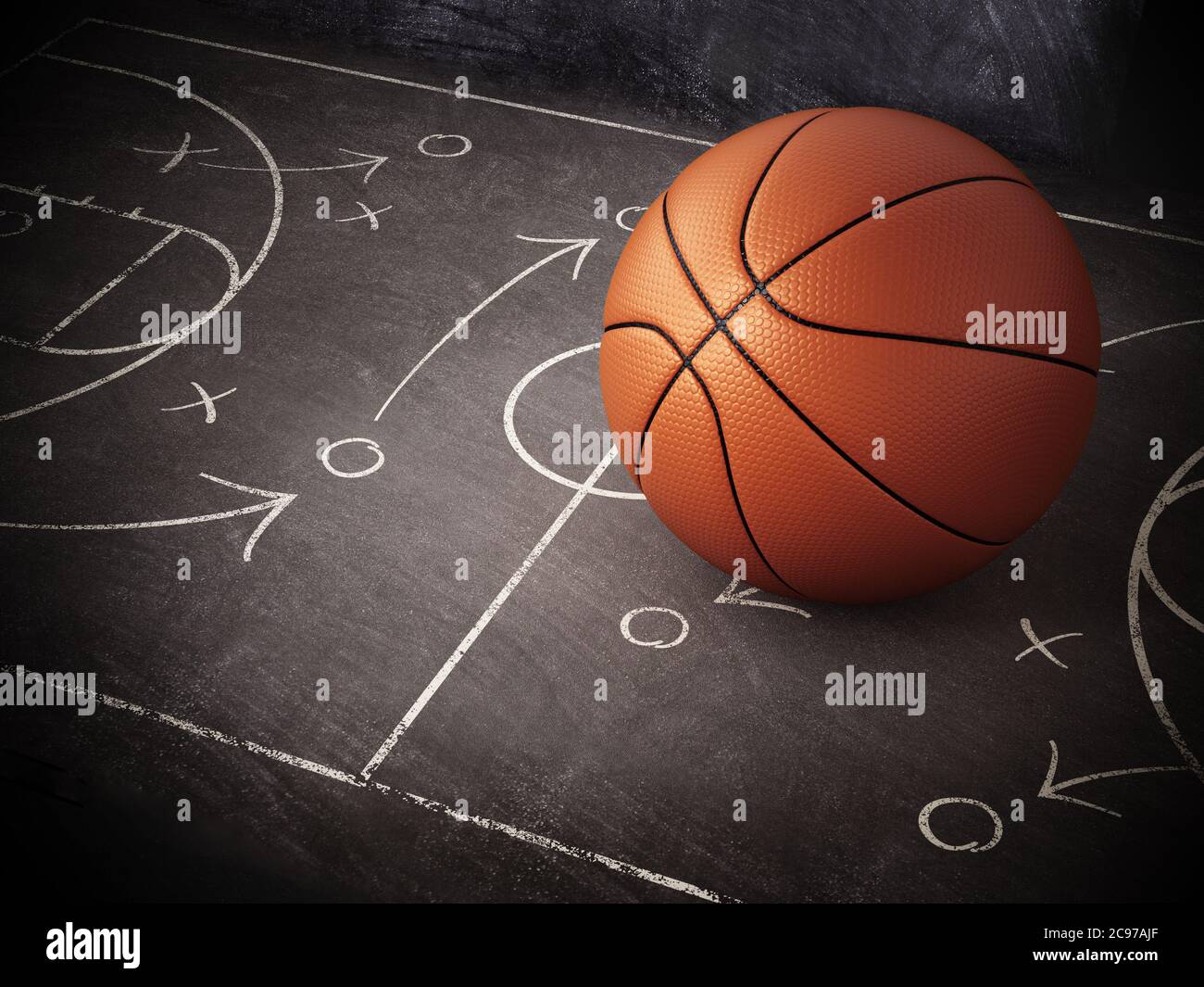 Basketball standing on game strategy blackboard. 3D illustration. Stock Photo