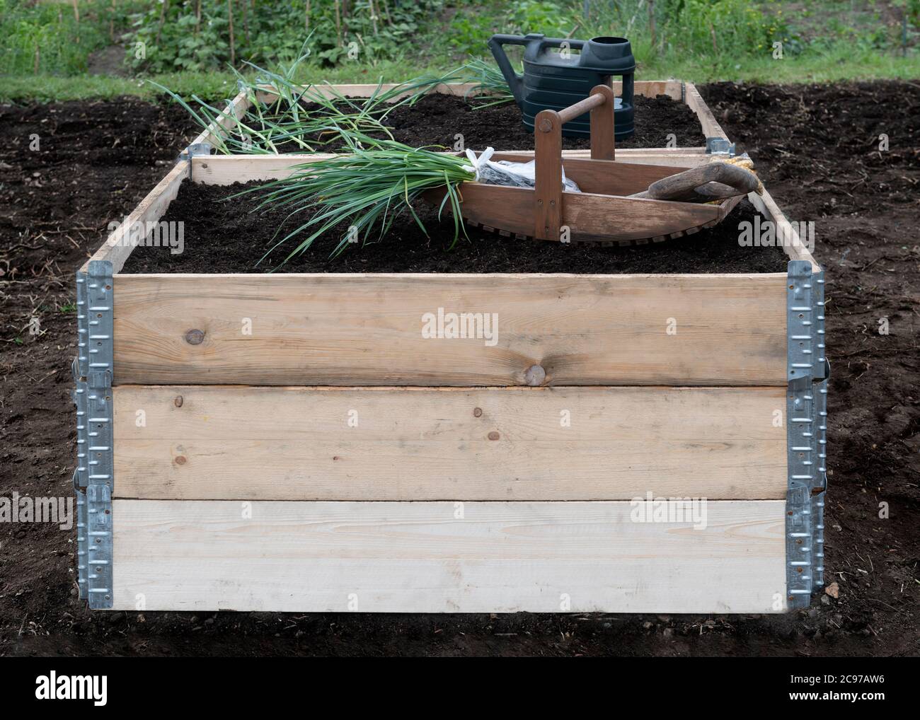 pallet collars used as raised beds on a small holding allotment showing  fresh compost and newly planted veg Stock Photo - Alamy