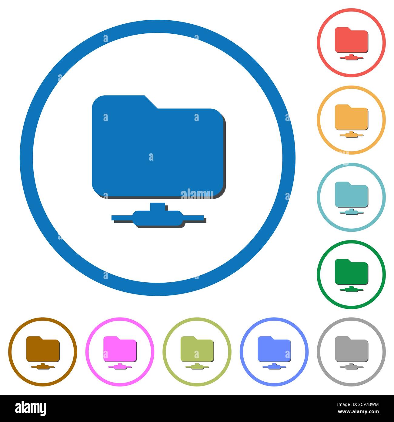 Network folder flat color vector icons with shadows in round outlines ...