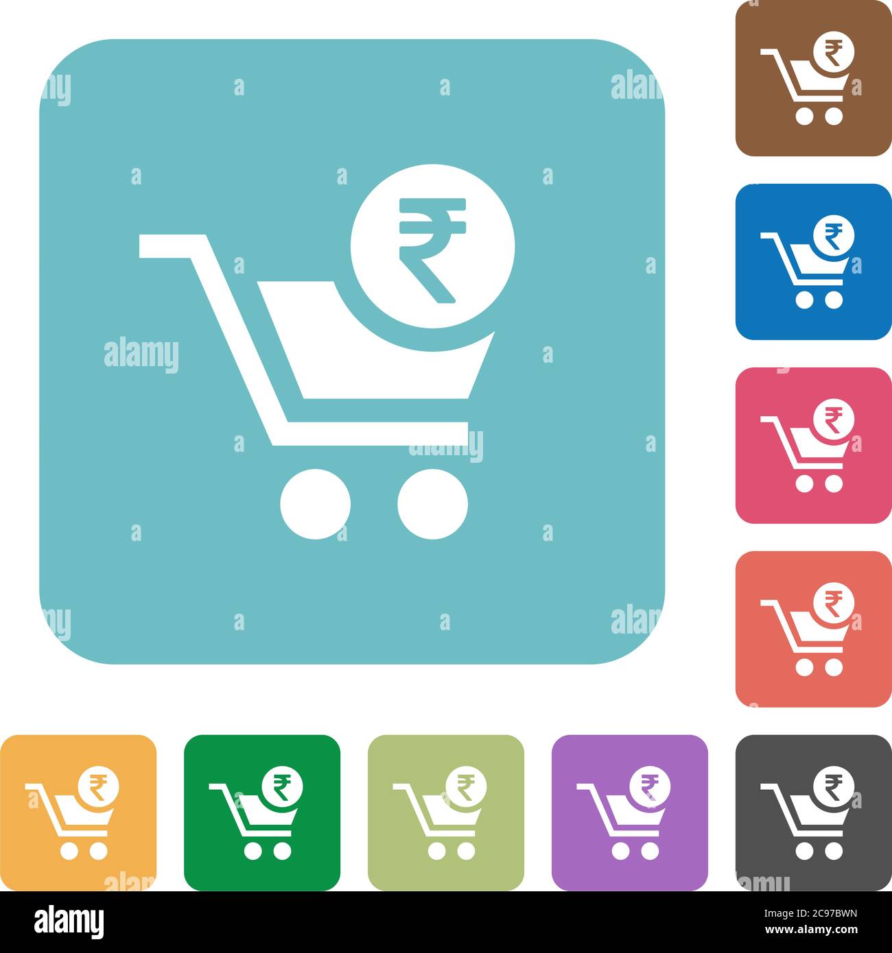 Checkout with Rupee cart white flat icons on color rounded square backgrounds Stock Vector