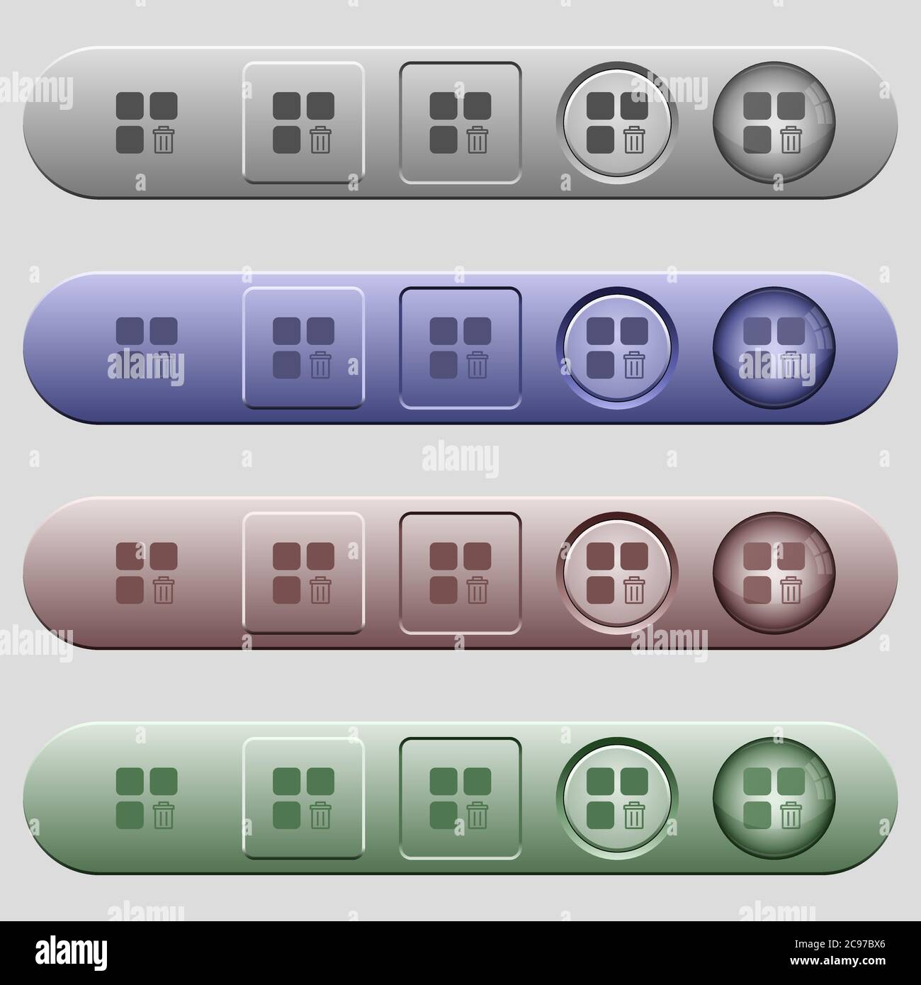 Delete component icons on rounded horizontal menu bars in different colors and button styles Stock Vector